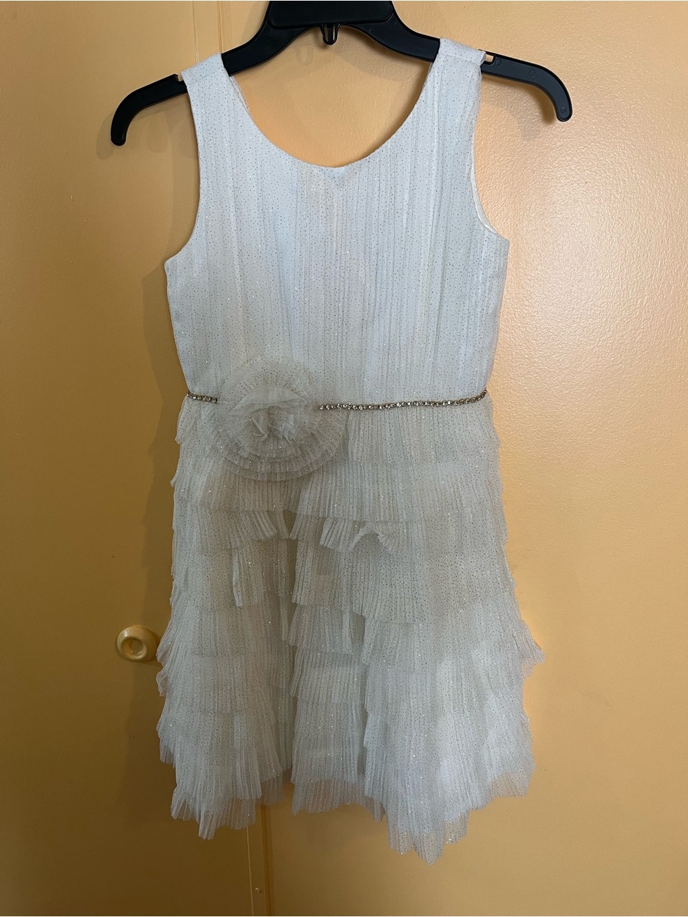 Couture Princess Sparkle White Ruffle Tulle Dress Floral/Diamond Waist Accent 12